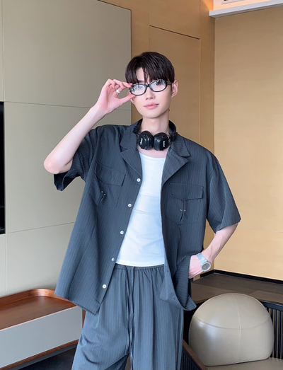 Cui Striped Eyelet Details Shirt & Elastic Waist Pants Set-korean-fashion-Clothing Set-Cui's Closet-OH Garments