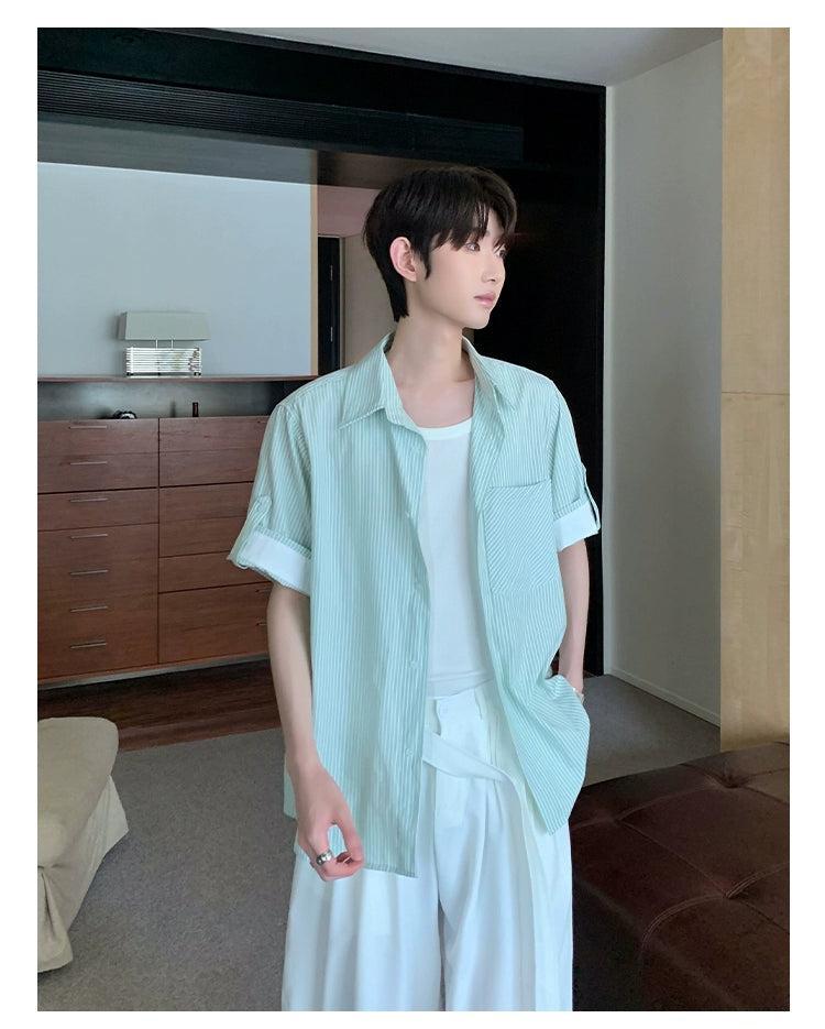 Cui Striped Folded Sleeves Shirt-korean-fashion-Shirt-Cui's Closet-OH Garments