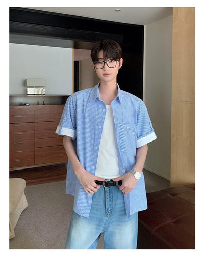 Cui Striped Folded Sleeves Shirt-korean-fashion-Shirt-Cui's Closet-OH Garments