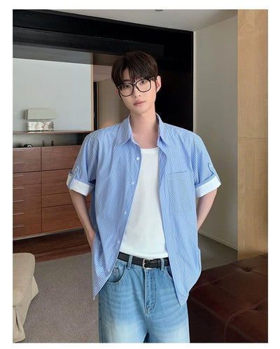 Cui Striped Folded Sleeves Shirt-korean-fashion-Shirt-Cui's Closet-OH Garments