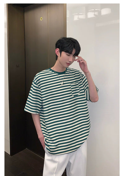 Cui Striped Front Pocket T-Shirt-korean-fashion-T-Shirt-Cui's Closet-OH Garments