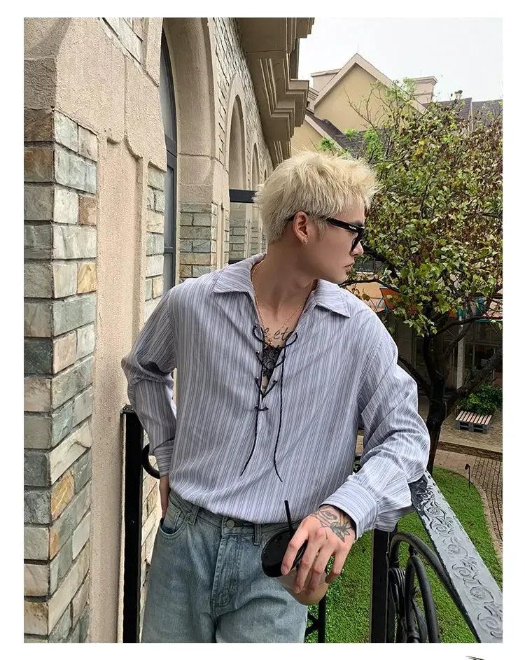 Cui Striped Lace String Shirt-korean-fashion-Shirt-Cui's Closet-OH Garments