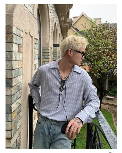Cui Striped Lace String Shirt-korean-fashion-Shirt-Cui's Closet-OH Garments