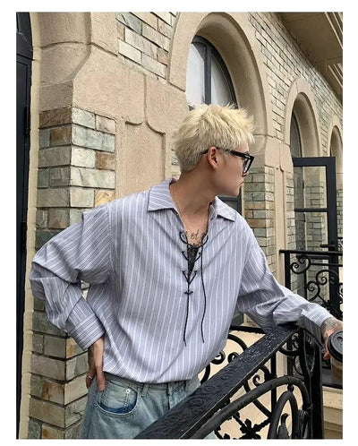 Cui Striped Lace String Shirt-korean-fashion-Shirt-Cui's Closet-OH Garments