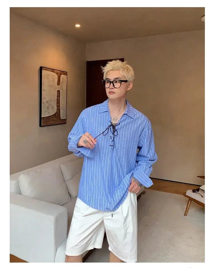 Cui Striped Lace String Shirt-korean-fashion-Shirt-Cui's Closet-OH Garments