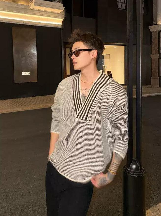 Cui Striped Line V-Neck Sweater-korean-fashion-Sweater-Cui's Closet-OH Garments