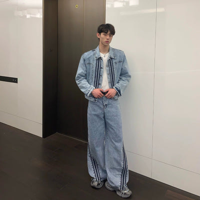 Cui Striped Lines Denim Jacket & Jeans Set-korean-fashion-Clothing Set-Cui's Closet-OH Garments