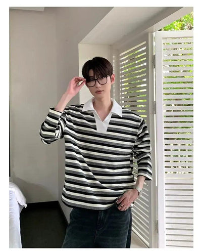 Cui Striped Pattern Long Sleeves Polo-korean-fashion-Polo-Cui's Closet-OH Garments