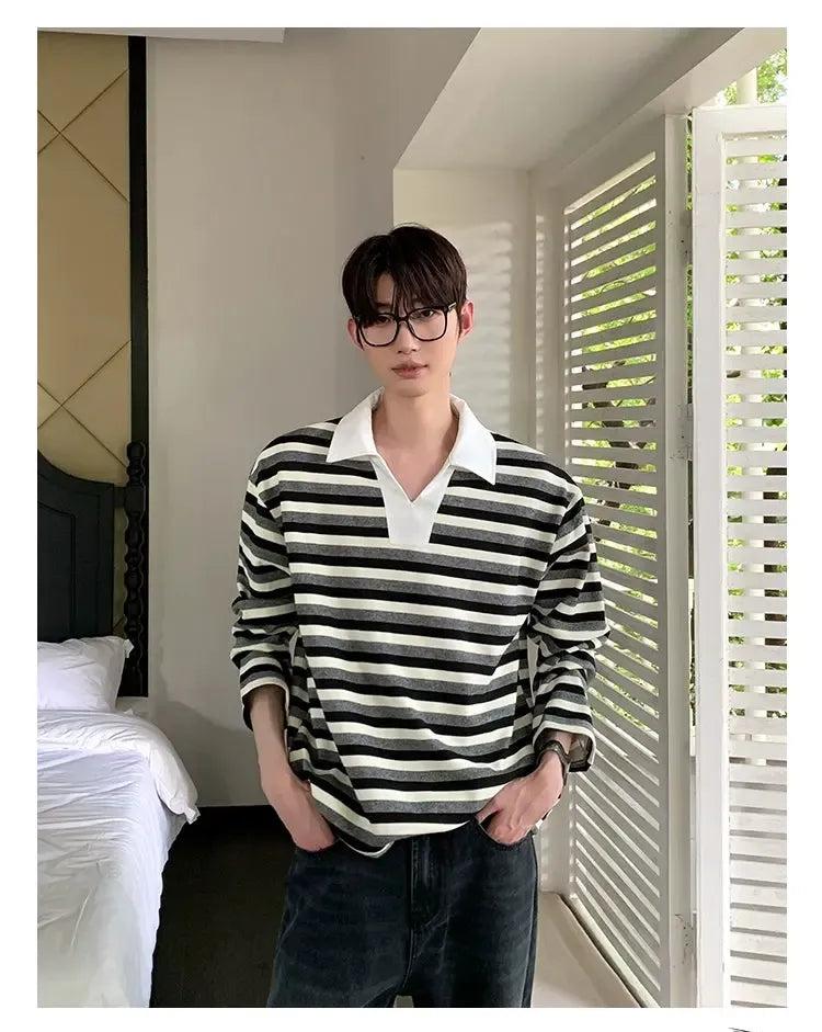 Cui Striped Pattern Long Sleeves Polo-korean-fashion-Polo-Cui's Closet-OH Garments