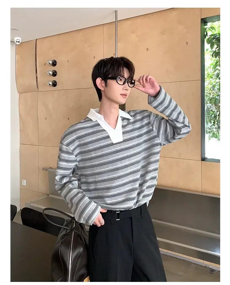 Cui Striped Pattern Long Sleeves Polo-korean-fashion-Polo-Cui's Closet-OH Garments