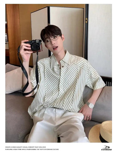 Cui Structured Striped Short Sleeve Shirt-korean-fashion-Shirt-Cui's Closet-OH Garments