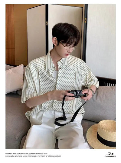 Cui Structured Striped Short Sleeve Shirt-korean-fashion-Shirt-Cui's Closet-OH Garments