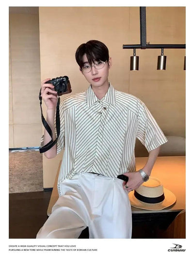 Cui Structured Striped Short Sleeve Shirt-korean-fashion-Shirt-Cui's Closet-OH Garments
