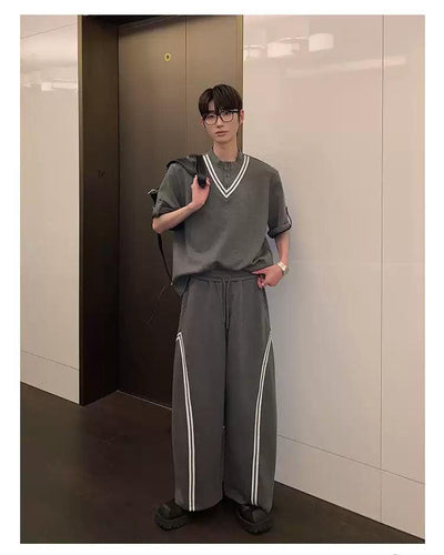 Cui Structured V-Line T-Shirt and Sweatpants Set-korean-fashion-Clothing Set-Cui's Closet-OH Garments