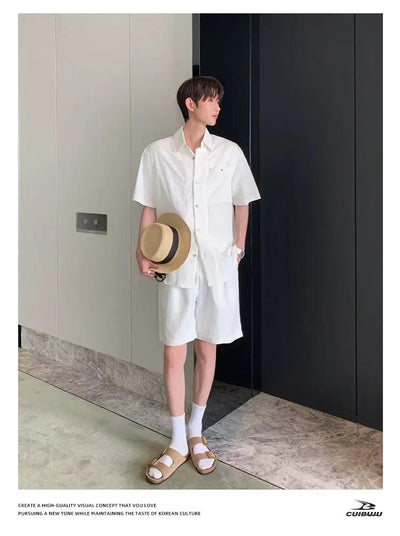 Cui Textured Button-Down Shirt & Belted Strap Shorts Set-korean-fashion-Clothing Set-Cui's Closet-OH Garments