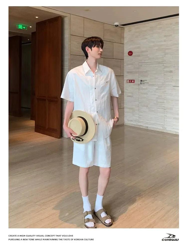 Cui Textured Button-Down Shirt & Belted Strap Shorts Set-korean-fashion-Clothing Set-Cui's Closet-OH Garments