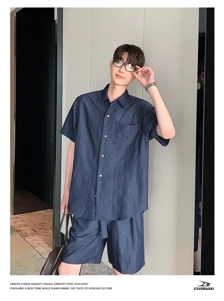 Cui Textured Button-Down Shirt & Belted Strap Shorts Set-korean-fashion-Clothing Set-Cui's Closet-OH Garments