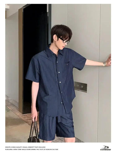 Cui Textured Button-Down Shirt & Belted Strap Shorts Set-korean-fashion-Clothing Set-Cui's Closet-OH Garments