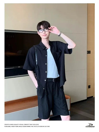 Cui Textured Button-Down Shirt & Belted Strap Shorts Set-korean-fashion-Clothing Set-Cui's Closet-OH Garments