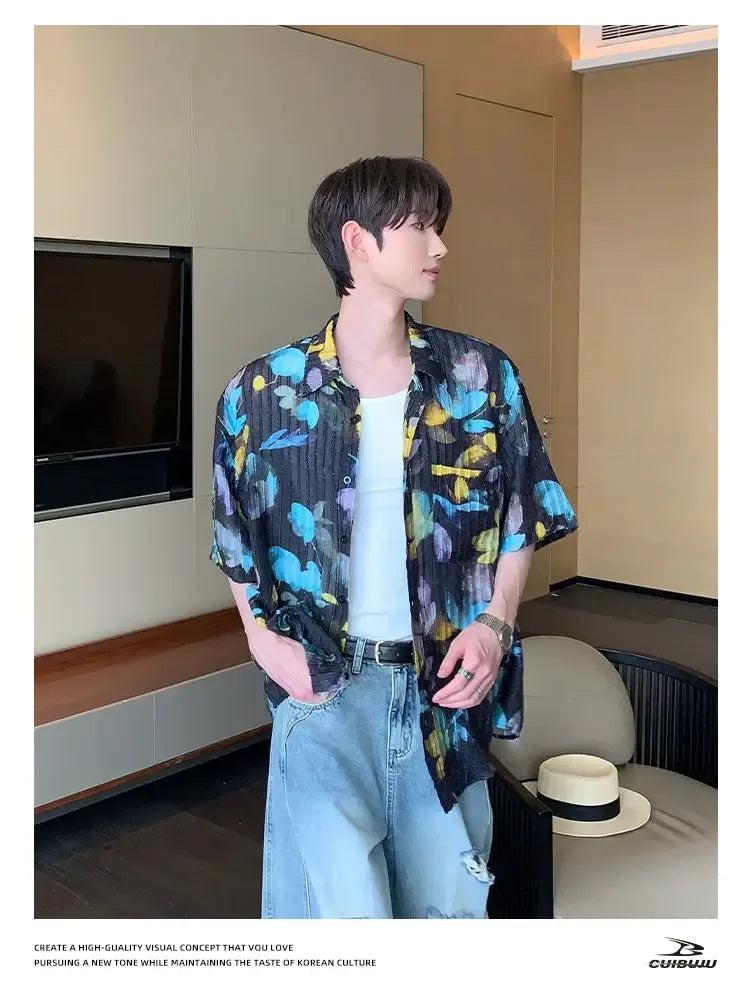 Cui Textured Floral Print S/S Shirt-korean-fashion-Shirt-Cui's Closet-OH Garments