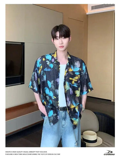 Cui Textured Floral Print S/S Shirt-korean-fashion-Shirt-Cui's Closet-OH Garments