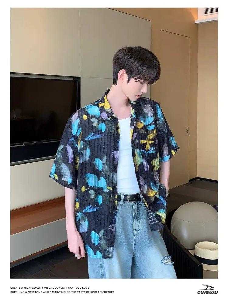 Cui Textured Floral Print S/S Shirt-korean-fashion-Shirt-Cui's Closet-OH Garments