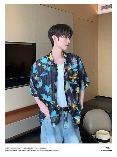 Cui Textured Floral Print S/S Shirt-korean-fashion-Shirt-Cui's Closet-OH Garments