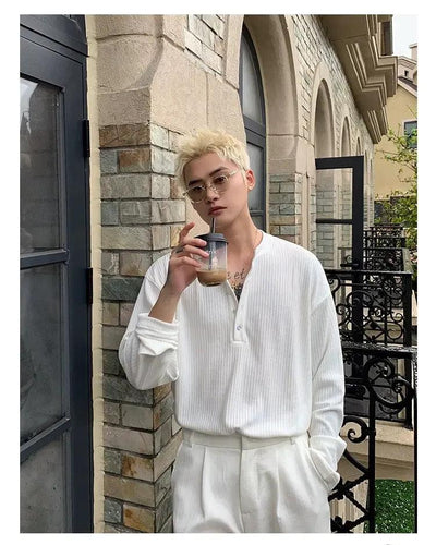 Cui Textured Henley Collar T-Shirt-korean-fashion-T-Shirt-Cui's Closet-OH Garments