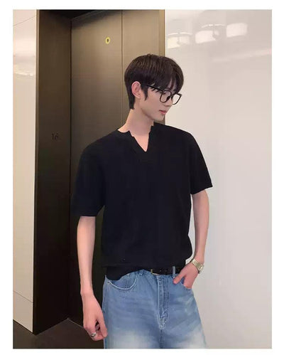 Cui Textured V-Neck Knit T-Shirt-korean-fashion-T-Shirt-Cui's Closet-OH Garments