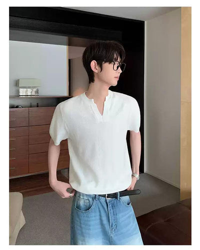Cui Textured V-Neck Knit T-Shirt-korean-fashion-T-Shirt-Cui's Closet-OH Garments