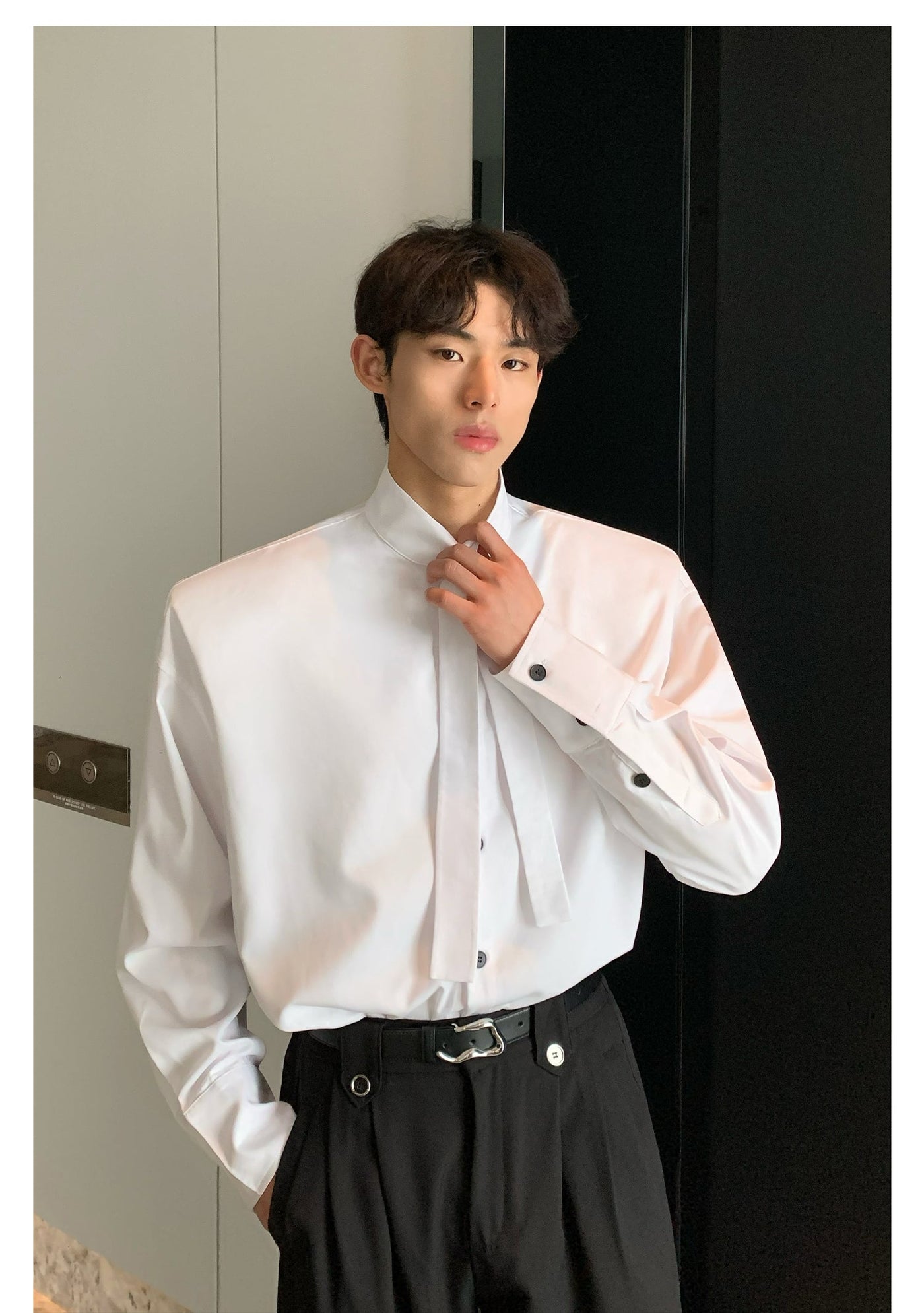Cui Tie Detail Buttoned Shirt-korean-fashion-Shirt-Cui's Closet-OH Garments
