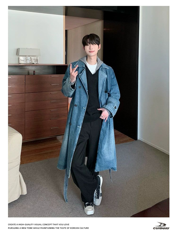 Cui Washed Belt Strap Denim Long Coat-korean-fashion-Long Coat-Cui's Closet-OH Garments