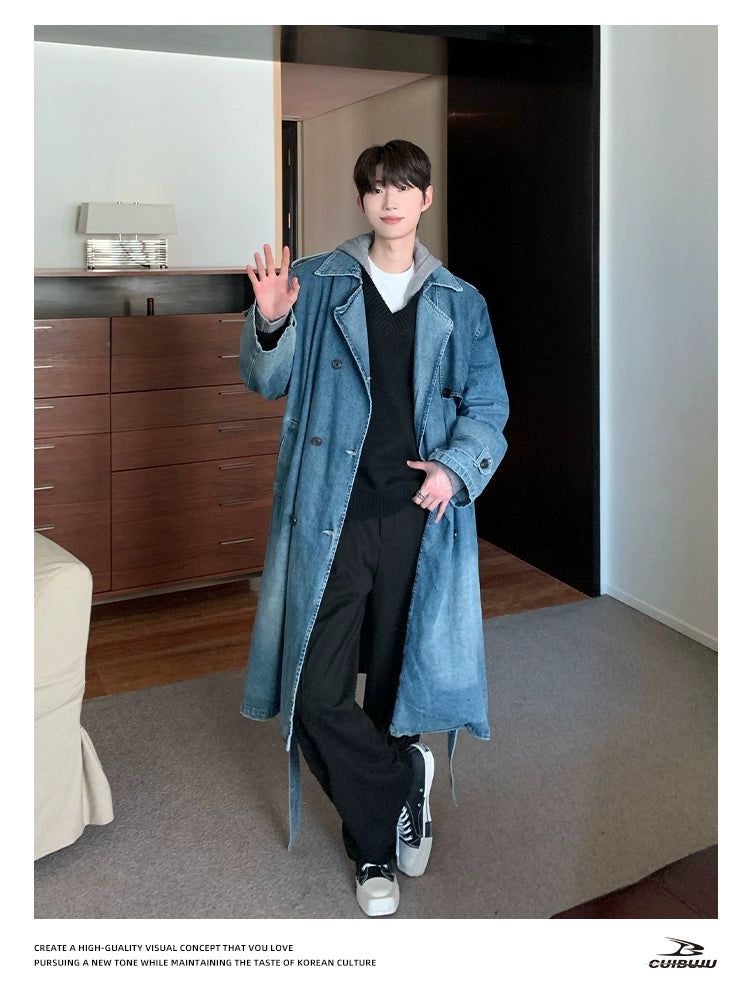 Cui Washed Belt Strap Denim Long Coat-korean-fashion-Long Coat-Cui's Closet-OH Garments