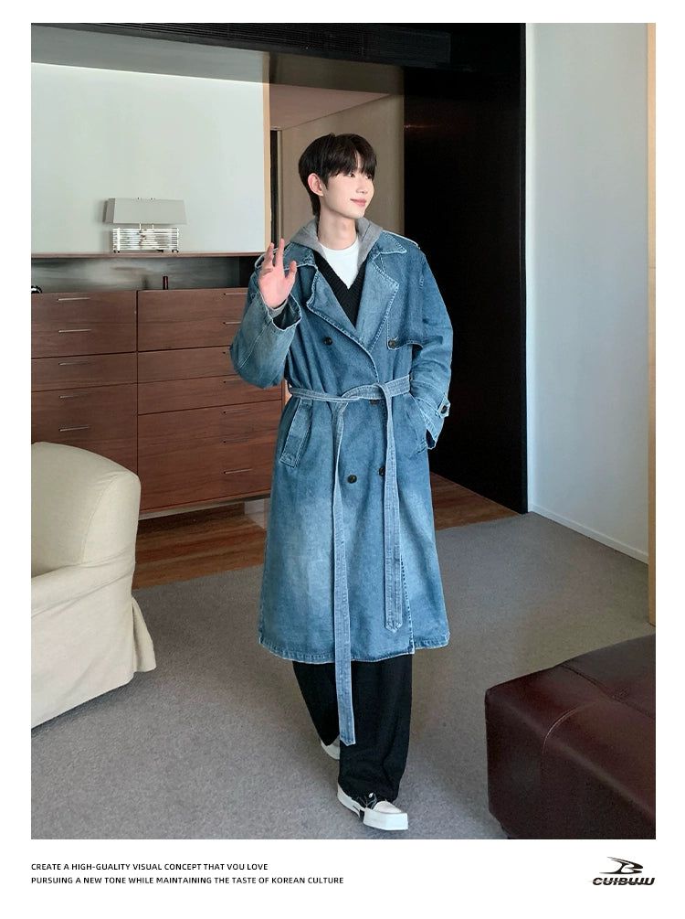 Cui Washed Belt Strap Denim Long Coat-korean-fashion-Long Coat-Cui's Closet-OH Garments