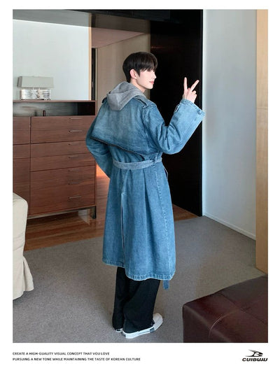 Cui Washed Belt Strap Denim Long Coat-korean-fashion-Long Coat-Cui's Closet-OH Garments