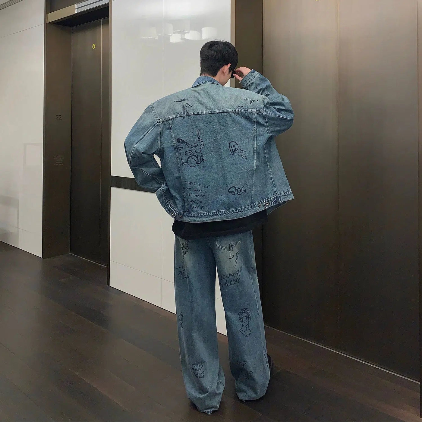 Cui Washed Hand Painted Art Denim Jacket & Jeans Set-korean-fashion-Clothing Set-Cui's Closet-OH Garments