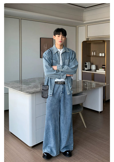 Cui Washed Line Textured Denim Jacket & Wide Jeans Set-korean-fashion-Clothing Set-Cui's Closet-OH Garments