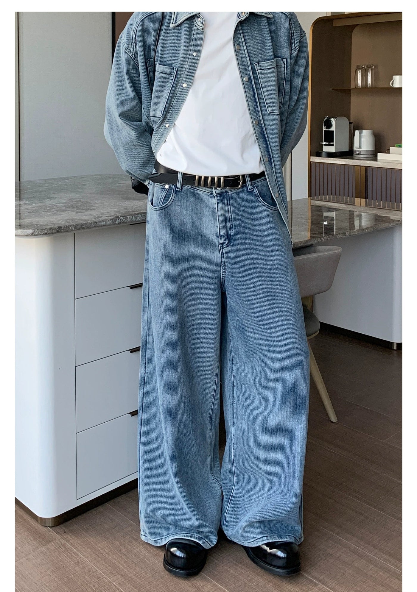 Cui Washed Line Textured Denim Jacket & Wide Jeans Set-korean-fashion-Clothing Set-Cui's Closet-OH Garments