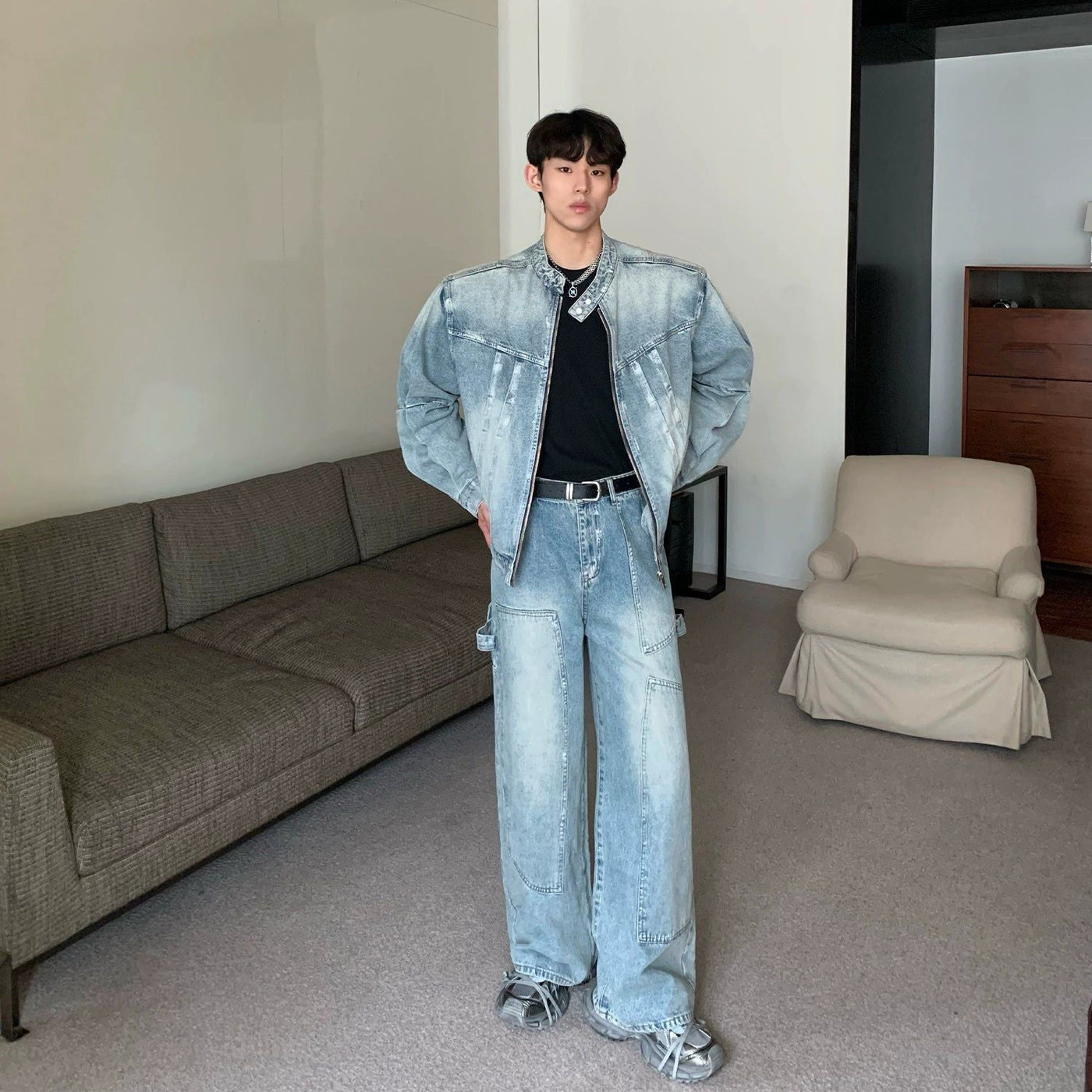 Cui Wide Shoulder Denim Jacket & Faded Jeans Set-korean-fashion-Clothing Set-Cui's Closet-OH Garments