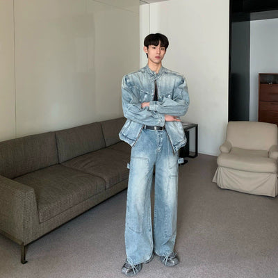 Cui Wide Shoulder Denim Jacket & Faded Jeans Set-korean-fashion-Clothing Set-Cui's Closet-OH Garments