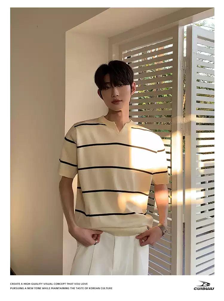 Cui Wide Striped V-Neck T-Shirt-korean-fashion-T-Shirt-Cui's Closet-OH Garments