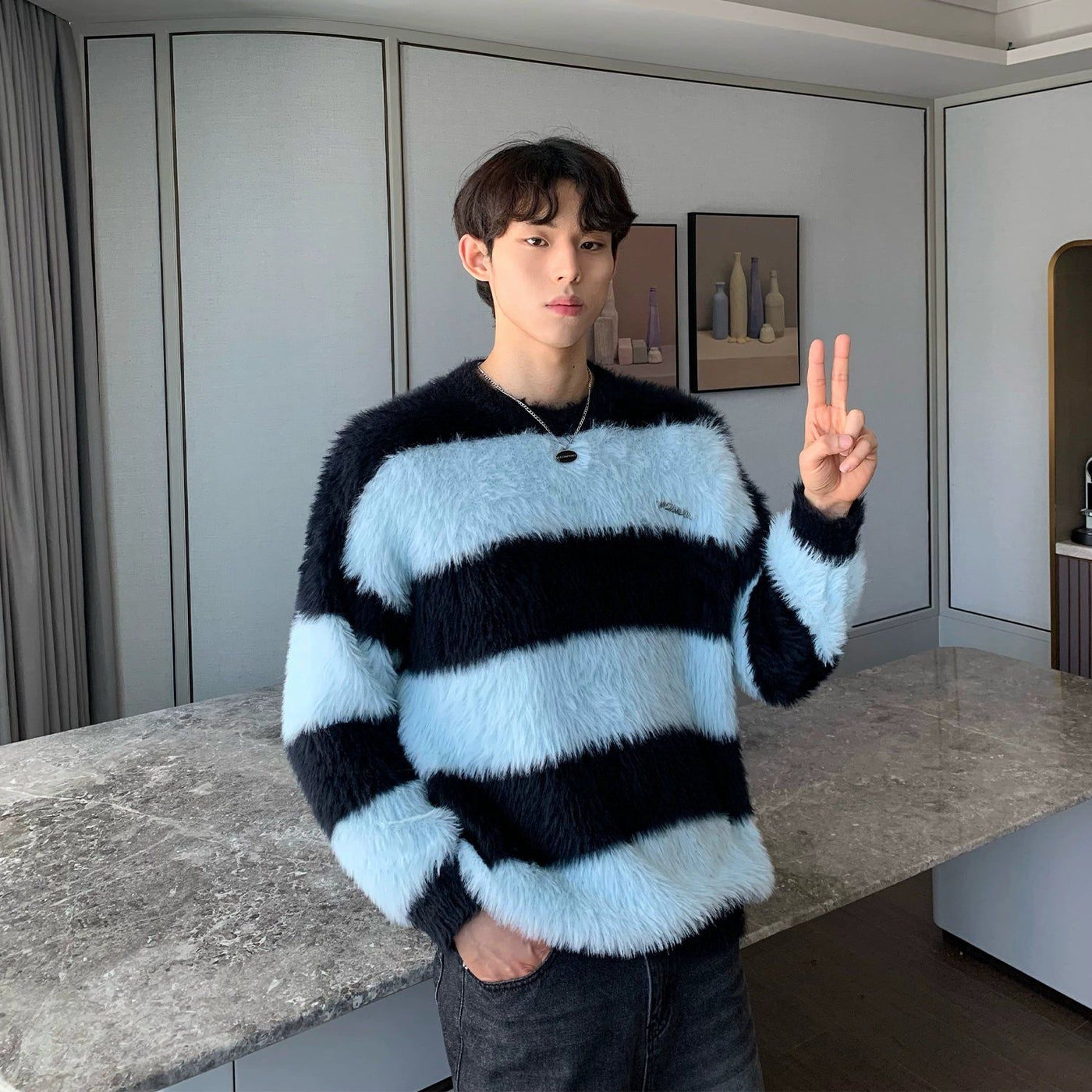 Cui Wide Stripes Fuzzy Sweater-korean-fashion-Sweater-Cui's Closet-OH Garments