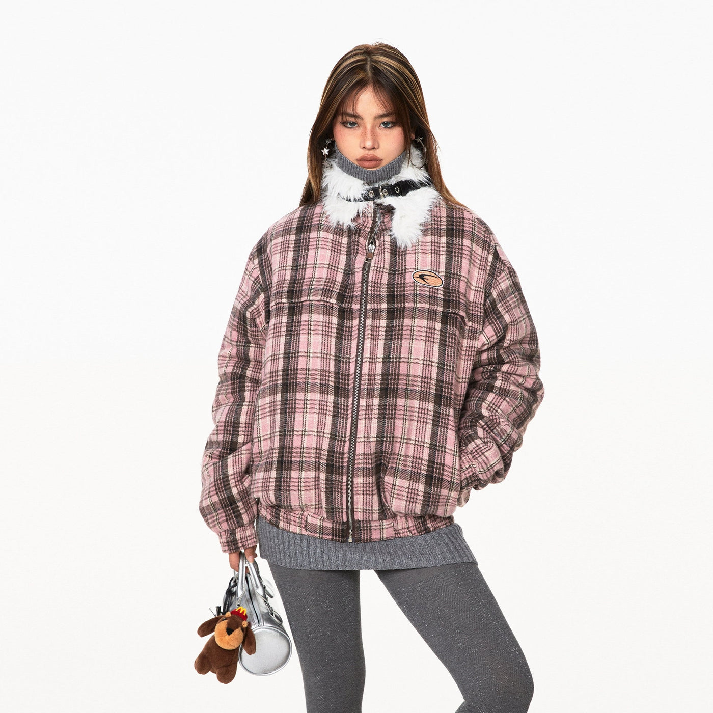 BB Faux Fur Collar Plaid Jacket