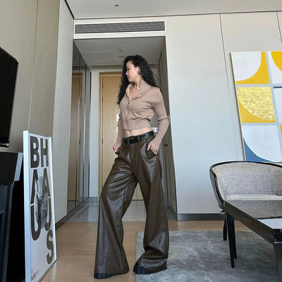 DQ Casual Seam Detail Loose PU Leather Pants-korean-fashion-Pants-DQ's Closet-OH Garments