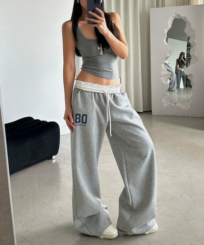 DQ Contrast Fold Waist Sports Sweatpants-korean-fashion-Pants-DQ's Closet-OH Garments