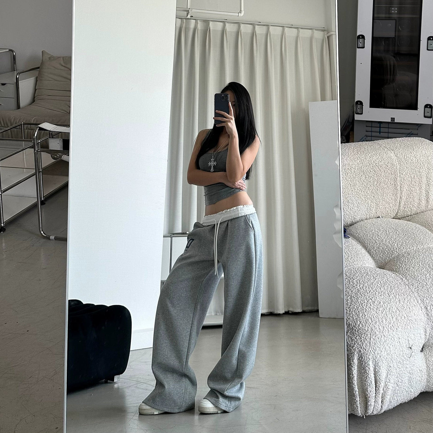 DQ Contrast Fold Waist Sports Sweatpants-korean-fashion-Pants-DQ's Closet-OH Garments