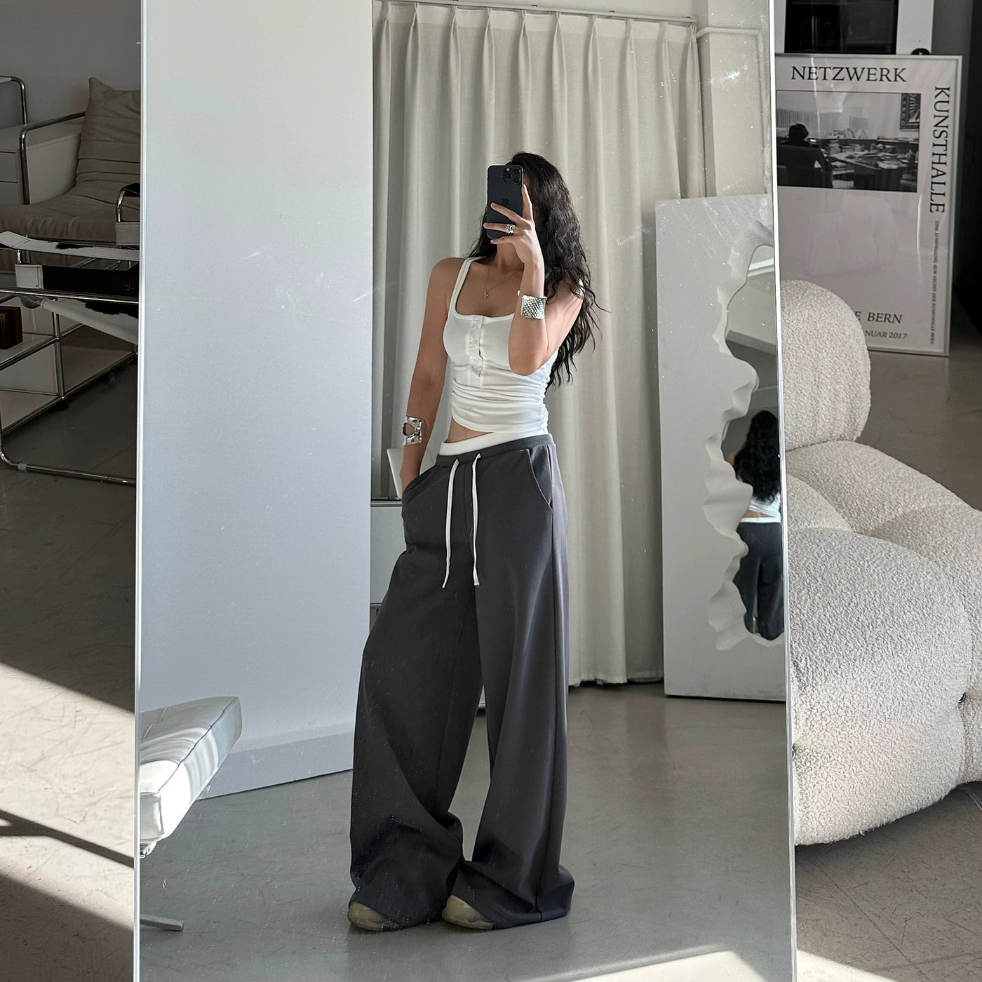 DQ Contrast Layered Drawstring Waist Sweatpants-korean-fashion-Pants-DQ's Closet-OH Garments