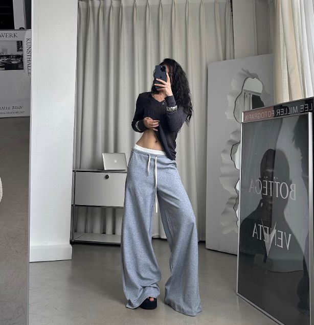 DQ Contrast Layered Drawstring Waist Sweatpants-korean-fashion-Pants-DQ's Closet-OH Garments