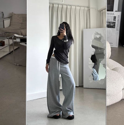 DQ Contrast Layered Drawstring Waist Sweatpants-korean-fashion-Pants-DQ's Closet-OH Garments