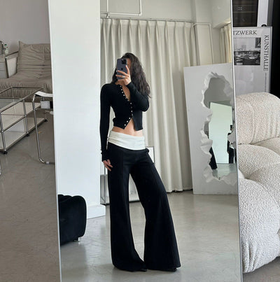 DQ Contrast Waist Wide Leg Pants-korean-fashion-Pants-DQ's Closet-OH Garments